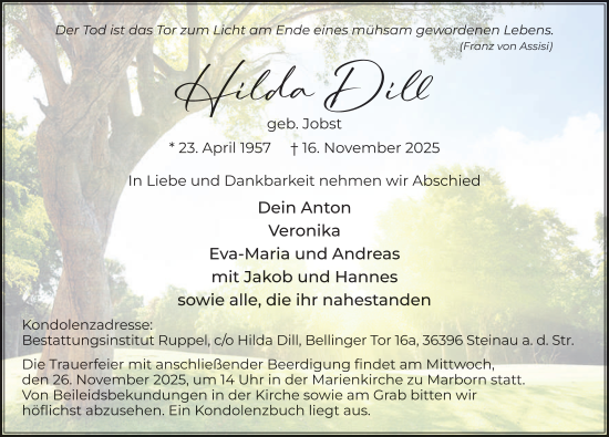 Traueranzeige von Hilda Dill von FZ