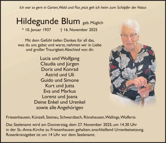 Traueranzeige von Hildegunde Blum von FZ