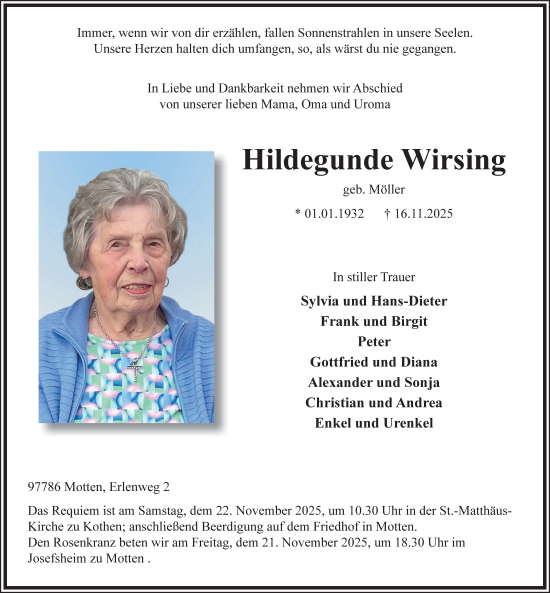 Traueranzeige von Hildegunde Wirsing von FZ