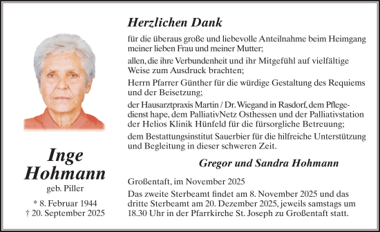 Traueranzeige von Inge Hohmann von FZ