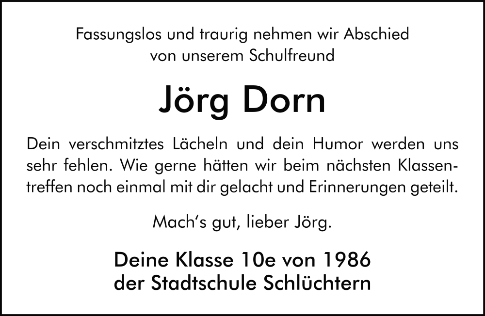  Traueranzeige für Jörg Dorn vom 08.11.2025 aus FZ