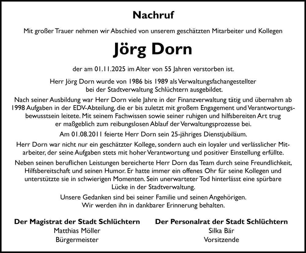  Traueranzeige für Jörg Dorn vom 15.11.2025 aus FZ