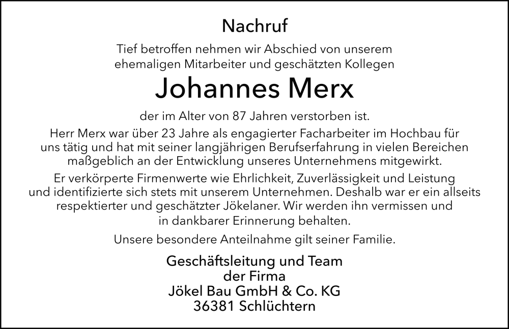  Traueranzeige für Johannes Merx vom 15.11.2025 aus FZ