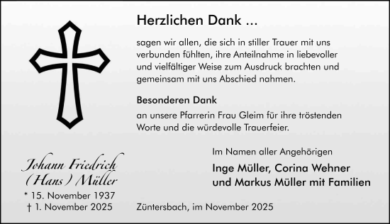 Traueranzeige von Johann Friedrich Müller von FZ