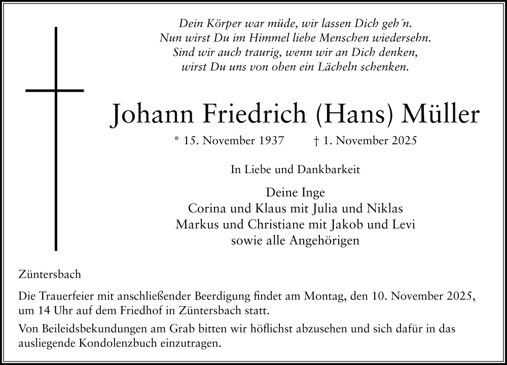  Traueranzeige für Johann Friedrich Müller vom 08.11.2025 aus FZ