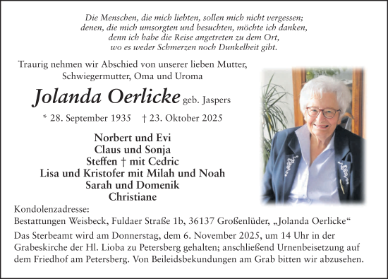 Traueranzeige von Jolanda Oerlicke von FZ
