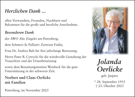 Traueranzeige von Jolanda Oerlicke von FZ