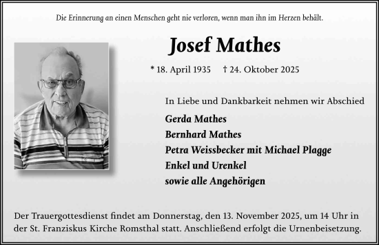 Traueranzeige von Josef Mathes von FZ