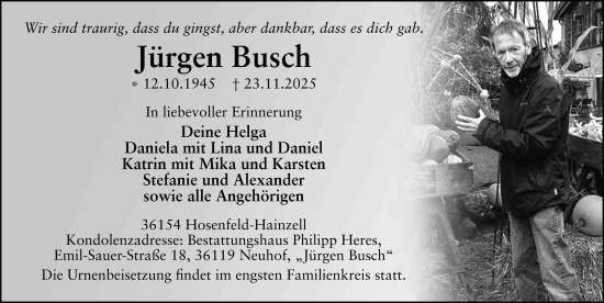 Traueranzeige von Jürgen Busch von FZ
