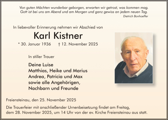 Traueranzeige von Karl Kistner von FZ