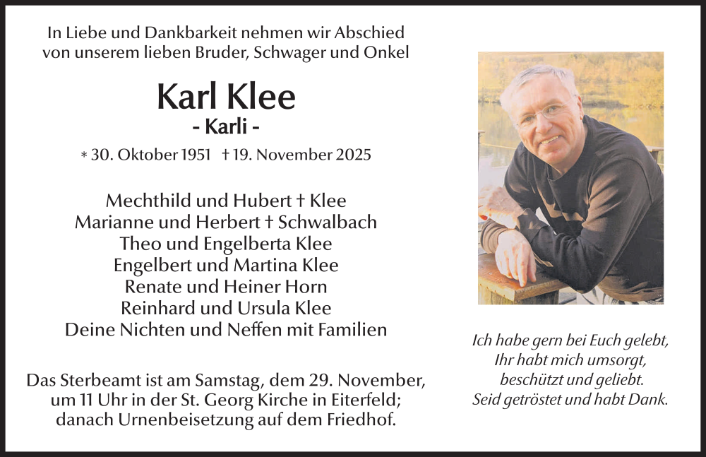  Traueranzeige für Karl Klee vom 27.11.2025 aus FZ