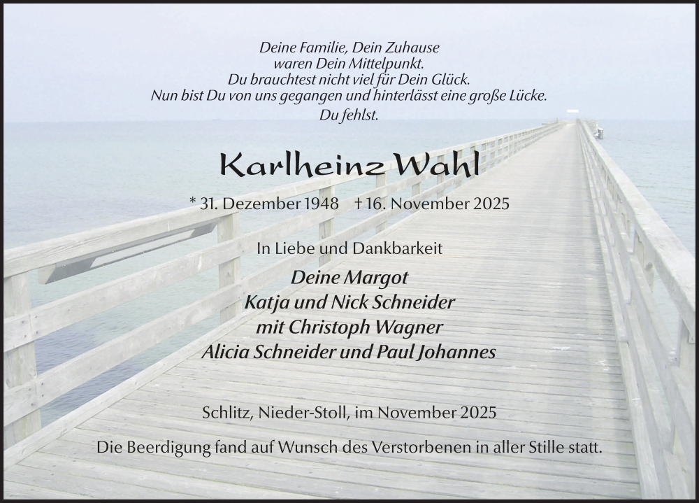  Traueranzeige für Karlheinz Wahl vom 29.11.2025 aus FZ