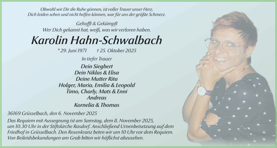 Traueranzeige von Karolin Hahn-Schwalbach von FZ