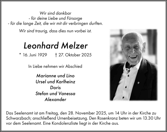 Traueranzeige von Leonhard Melzer von FZ