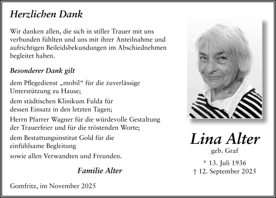 Traueranzeige von Lina Alter von FZ