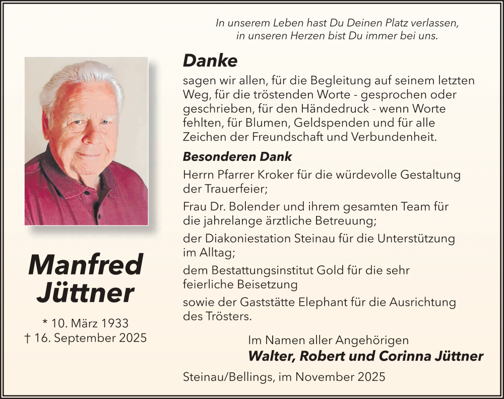  Traueranzeige für Manfred Jüttner vom 01.11.2025 aus FZ