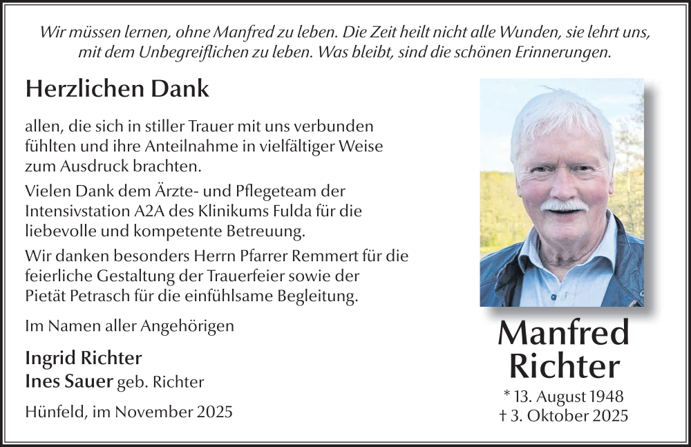  Traueranzeige für Manfred Richter vom 08.11.2025 aus FZ