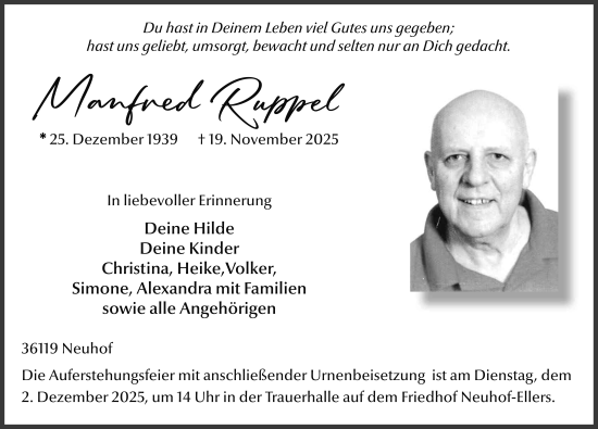 Traueranzeige von Manfred Ruppel von FZ