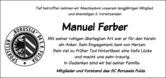 Traueranzeige von Manuel Ferber von FZ