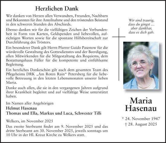 Traueranzeige von Maria Hasenau von FZ