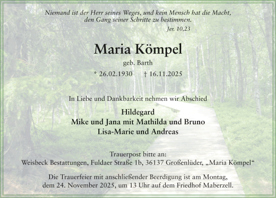 Traueranzeige von Maria Kömpel von FZ