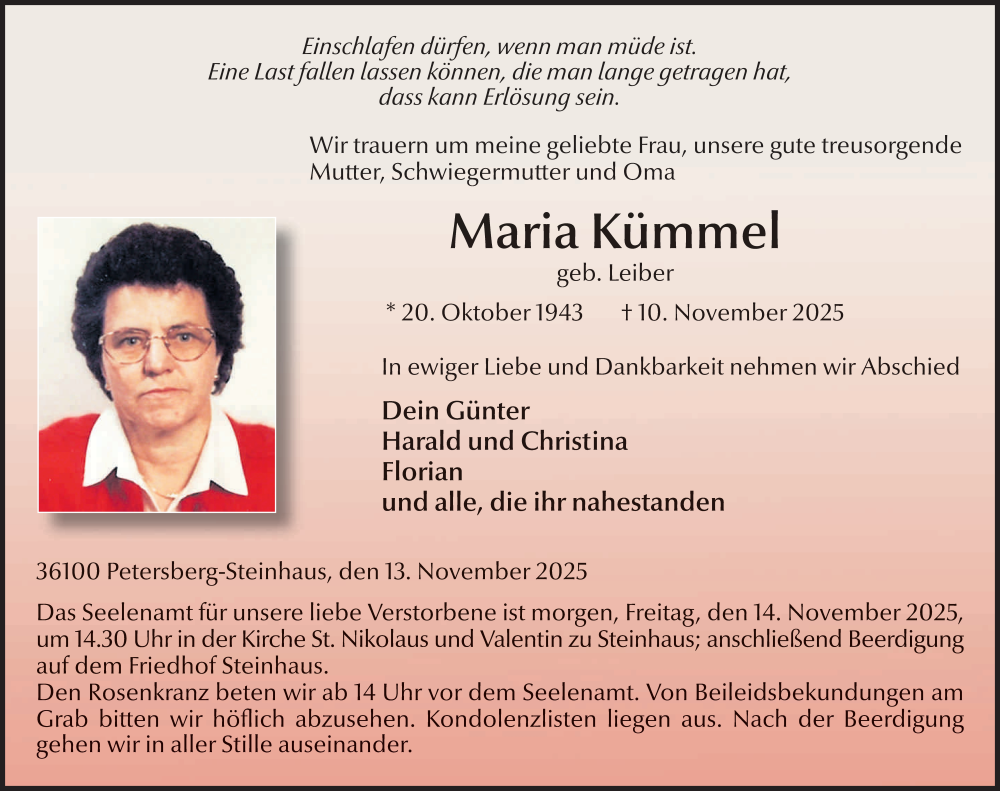  Traueranzeige für Maria Kümmel vom 13.11.2025 aus FZ