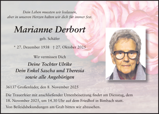 Traueranzeige von Marianne Derbort von FZ
