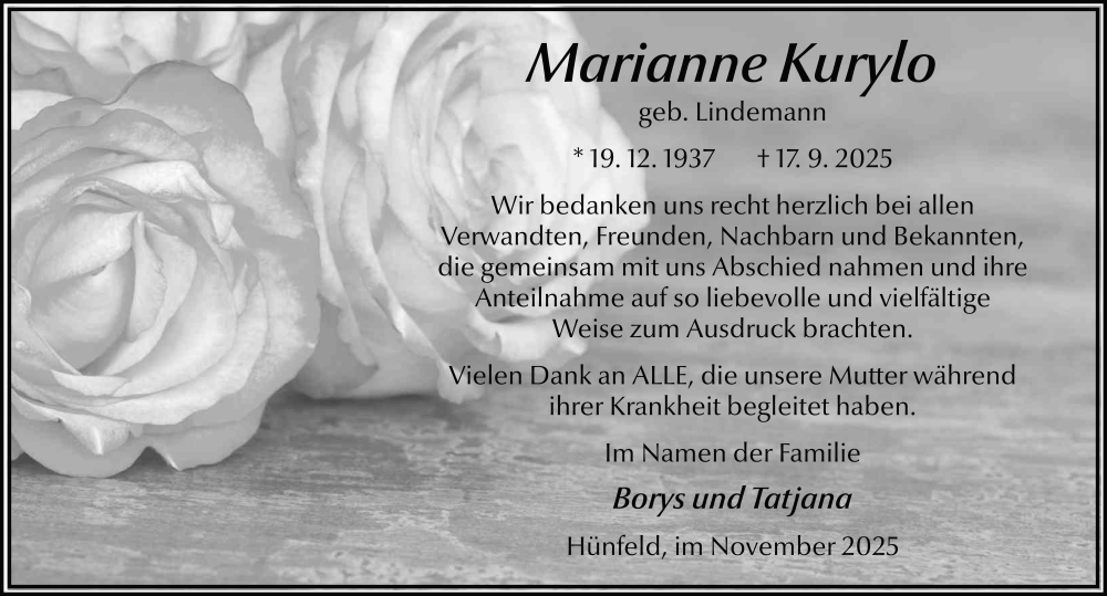  Traueranzeige für Marianne Kurylo vom 22.11.2025 aus FZ