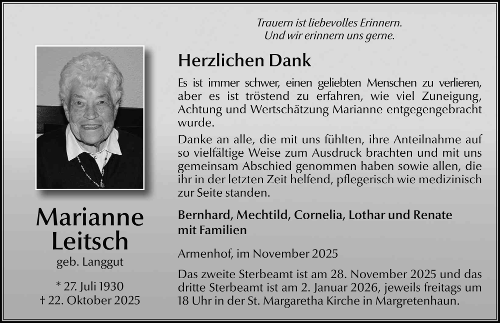  Traueranzeige für Marianne Leitsch vom 26.11.2025 aus FZ