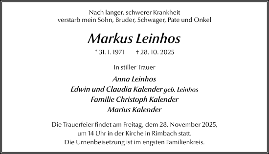 Traueranzeige von Markus Leinhos von FZ