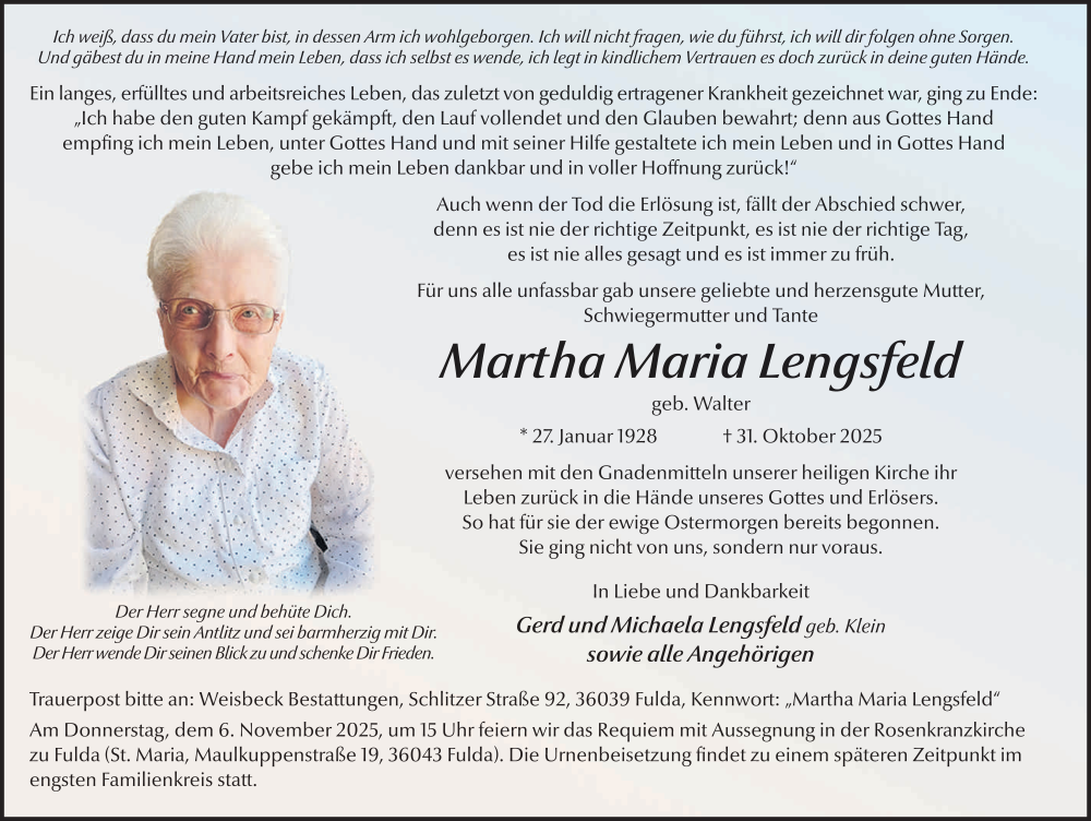  Traueranzeige für Martha Maria Lengsfeld vom 03.11.2025 aus FZ