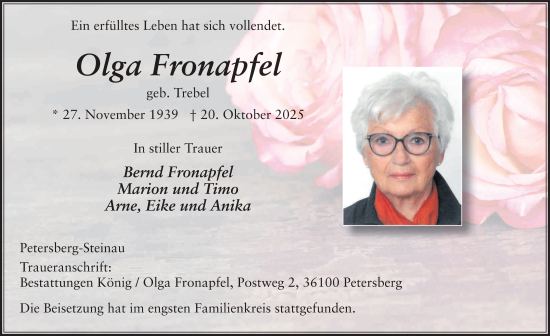 Traueranzeige von Olga Fronapfel von FZ
