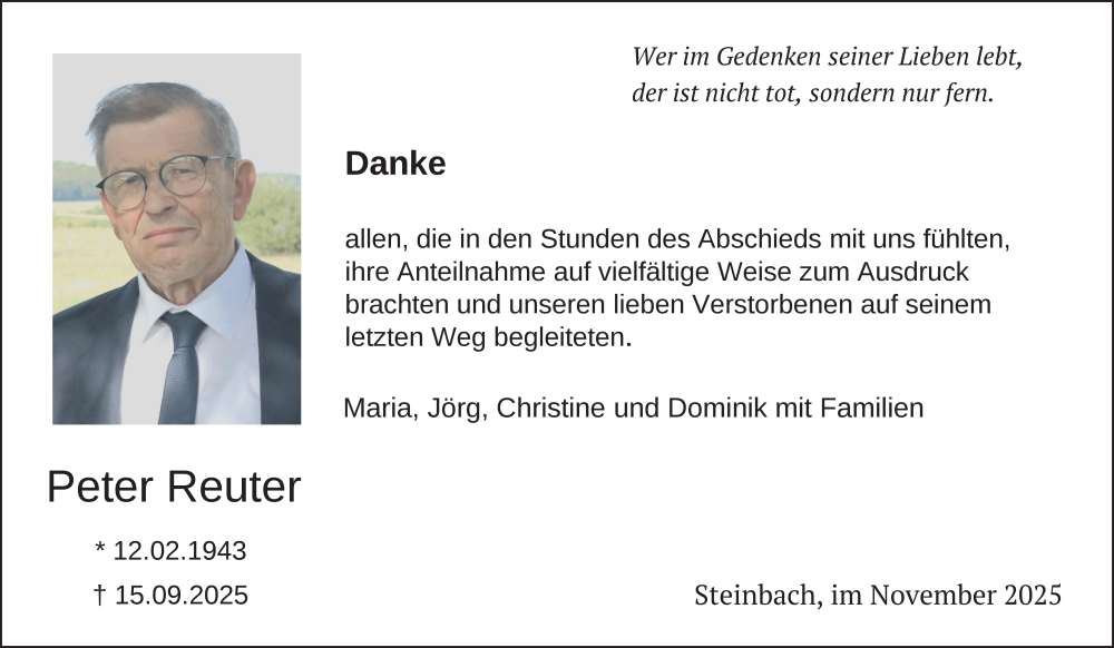  Traueranzeige für Peter Reuter vom 08.11.2025 aus FZ