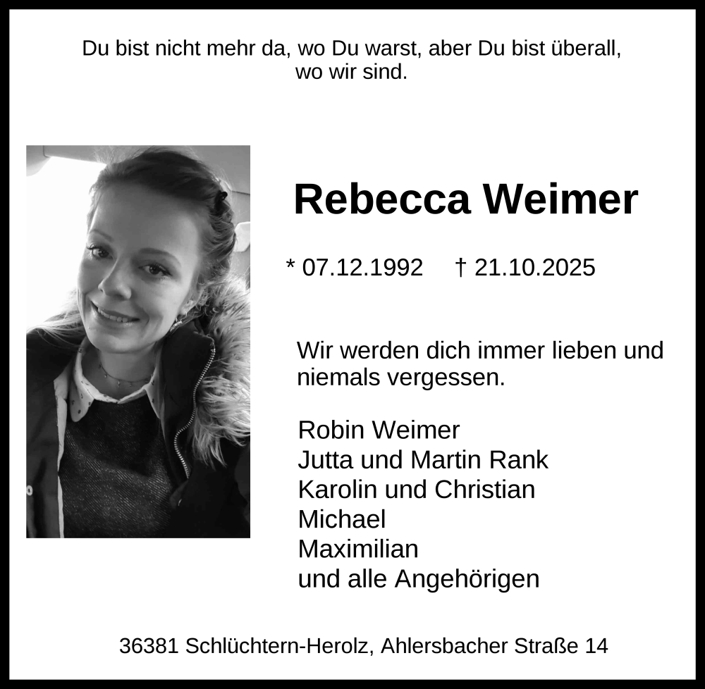  Traueranzeige für Rebecca Weimer vom 08.11.2025 aus FZ