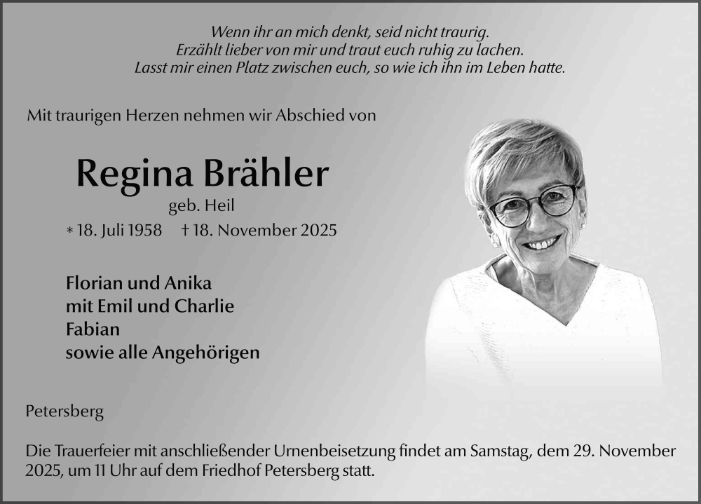  Traueranzeige für Regina Brähler vom 22.11.2025 aus FZ