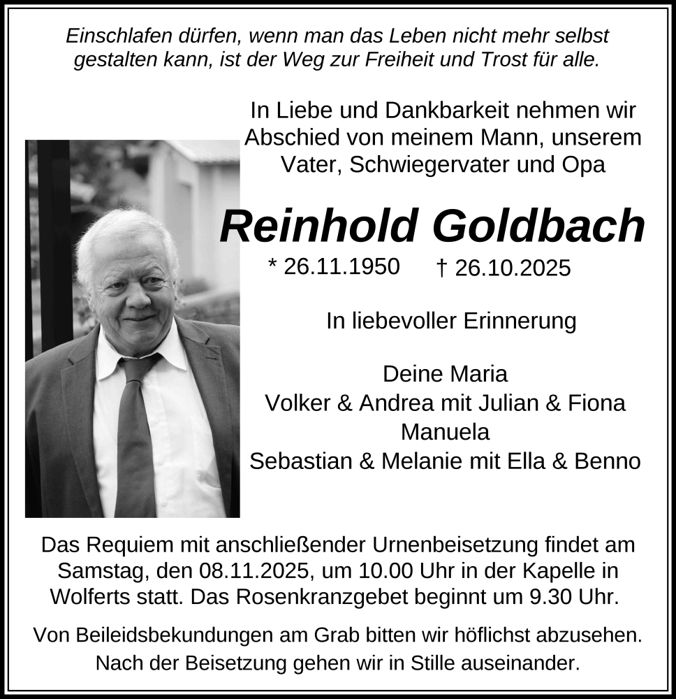  Traueranzeige für Reinhold Goldbach vom 01.11.2025 aus FZ