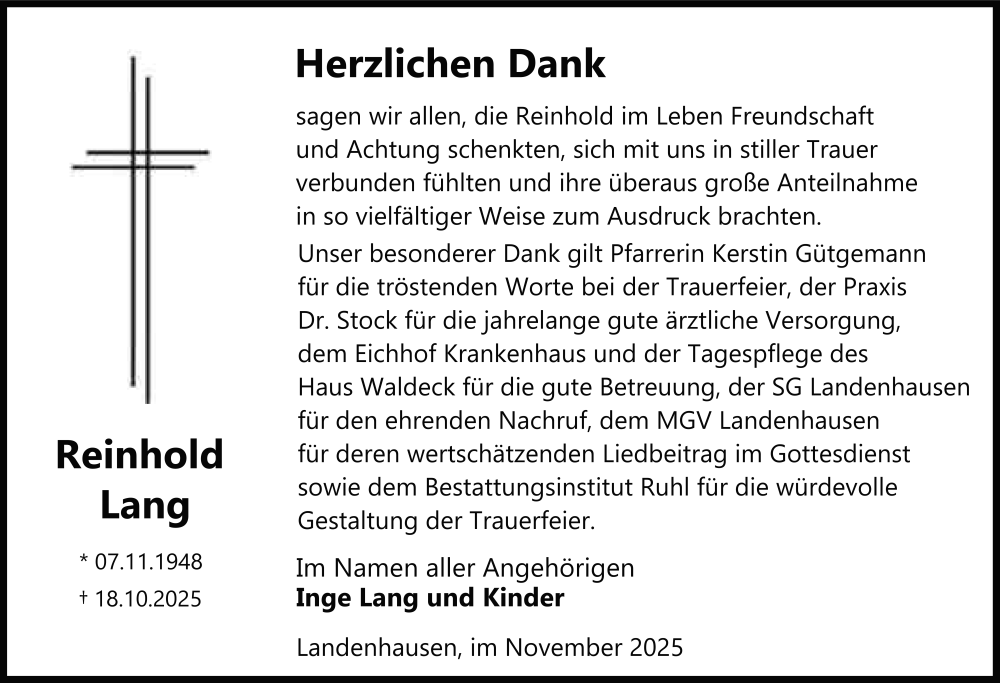  Traueranzeige für Reinhold Lang vom 29.11.2025 aus FZ