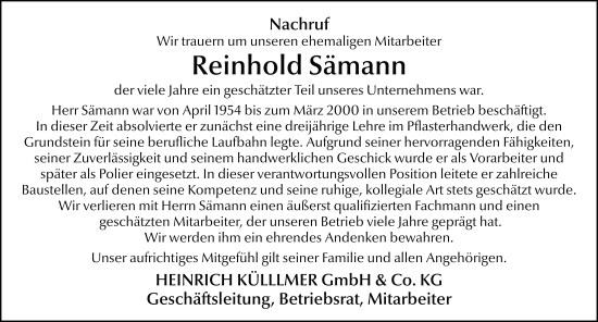 Traueranzeige von Reinhold Sämann von FZ