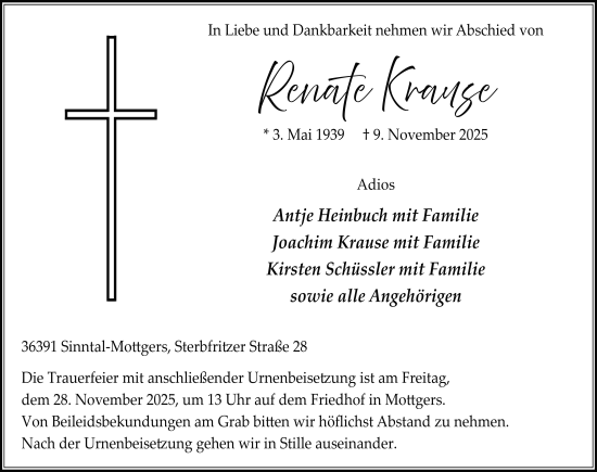 Traueranzeige von Renate Krause von FZ