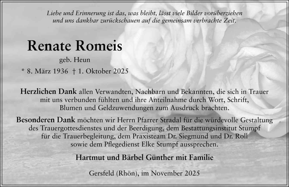  Traueranzeige für Renate Romeis vom 01.11.2025 aus FZ