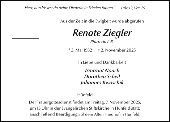 Traueranzeige von Renate Ziegler von FZ