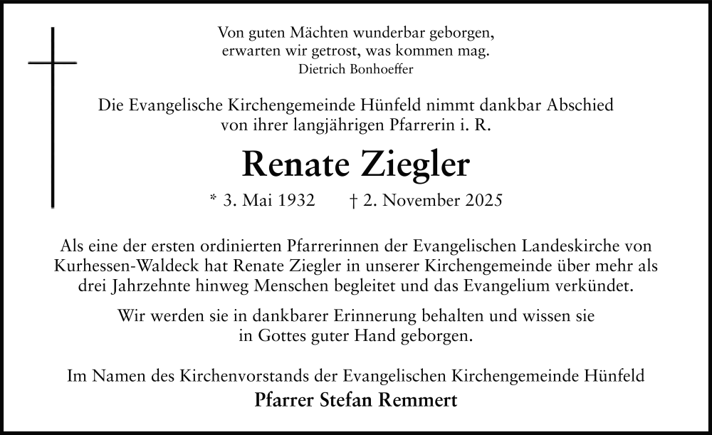  Traueranzeige für Renate Ziegler vom 07.11.2025 aus FZ