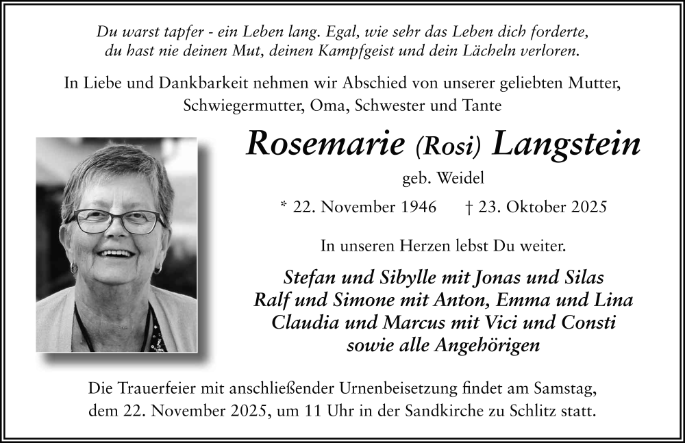  Traueranzeige für Rosemarie Langstein vom 15.11.2025 aus FZ