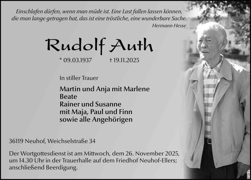  Traueranzeige für Rudolf Auth vom 22.11.2025 aus FZ
