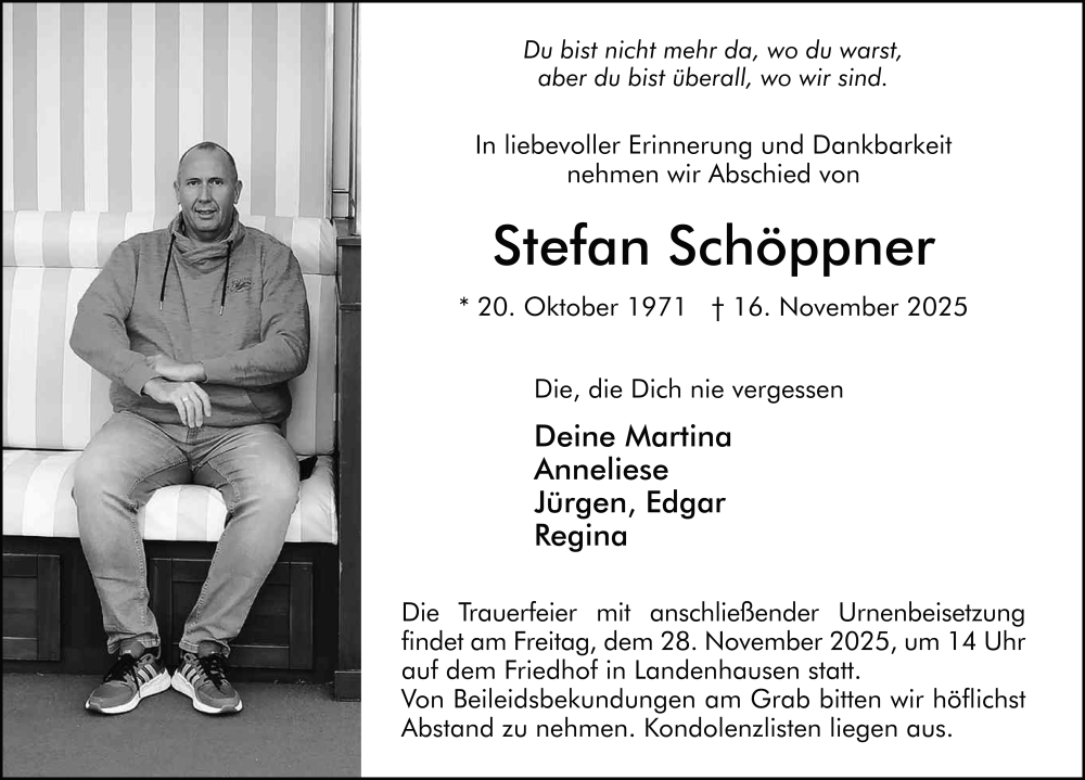  Traueranzeige für Stefan Schöppner vom 25.11.2025 aus FZ