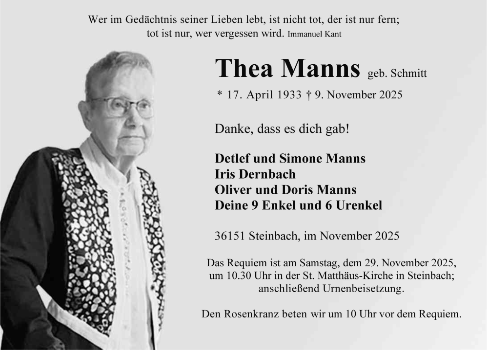  Traueranzeige für Thea Manns vom 22.11.2025 aus FZ