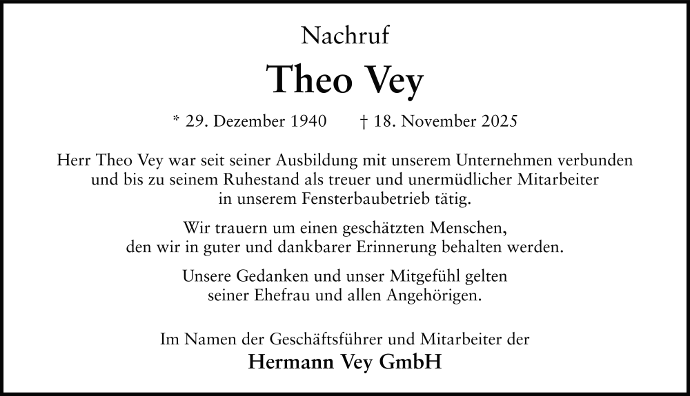  Traueranzeige für Theo Vey vom 21.11.2025 aus FZ
