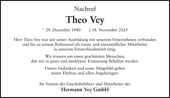 Traueranzeige von Theo Vey von FZ