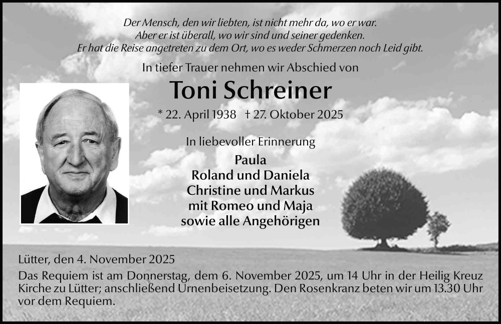  Traueranzeige für Toni Schreiner vom 04.11.2025 aus FZ