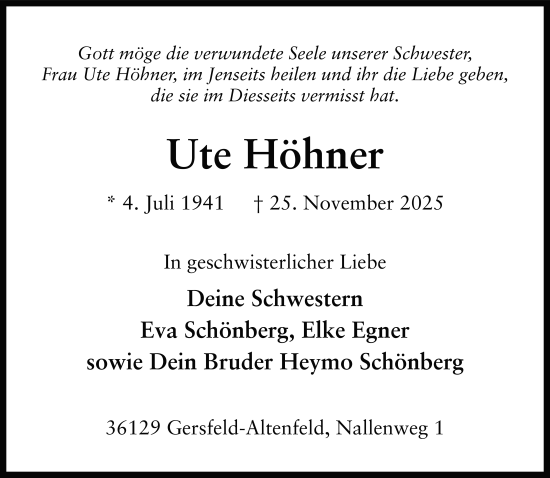 Traueranzeige von Ute Höhner von FZ